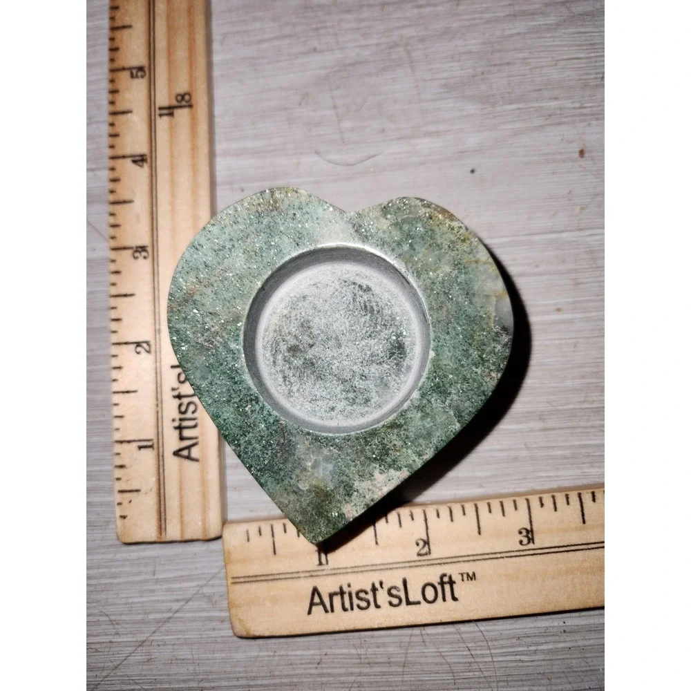 Green Natural Stone Heart Tea Light Candle Holder Polished Marble Altar Decor